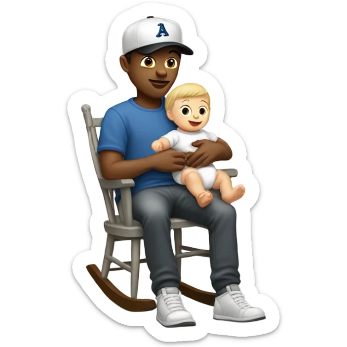 Young white man in unlabeled baseball hat rocking a white infant baby in puffy grey rocker  sticker