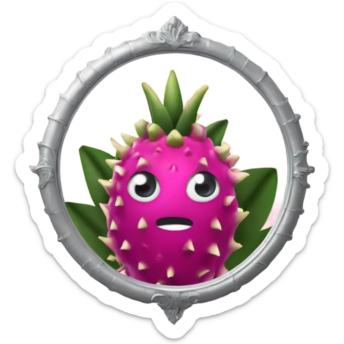 3D elegant Pitahaya with large shiny eyes 👀 one hand holds the mirror with its reflection 🪞 sticker