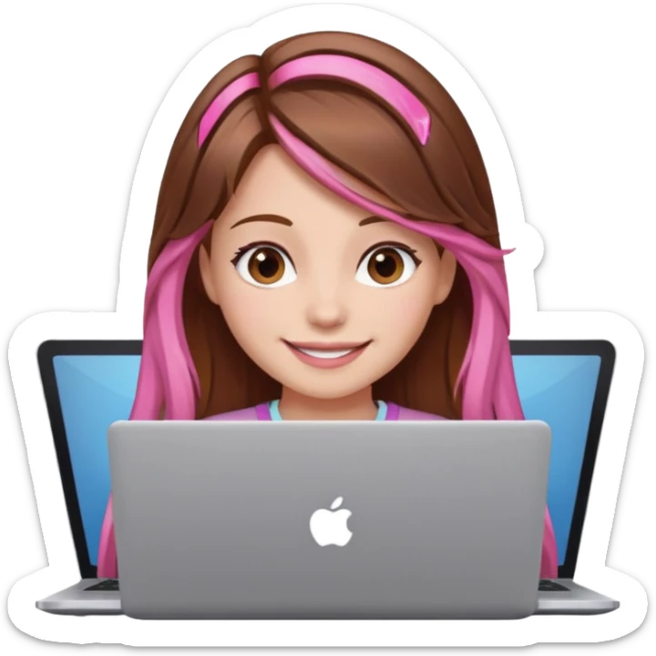 Make an apple emoji of a girl with brown hair that has pink strands of hair with her face behind a laptop screen facing her. sticker