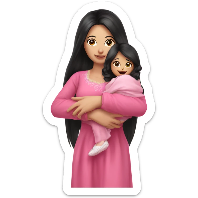 Beautiful Russian lady very long black hair pink clothes holding baby  sticker
