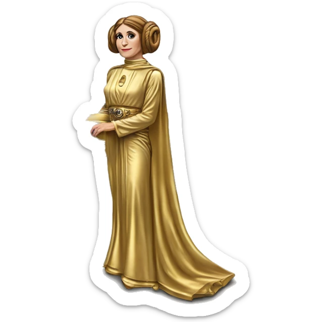 Side view of 1976 very very long 40 foot long mail delivery truck shaped like Princess Leia in gold outfit shaped sticker