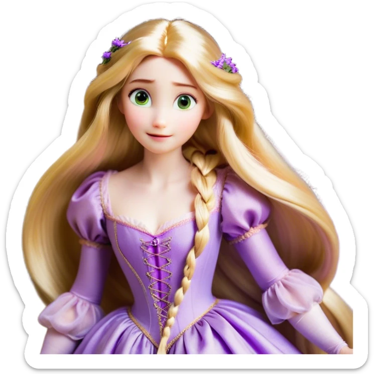 Cinematic Realistic Rapunzel Portrait, with porcelain-like skin featuring a subtle, natural glow, illuminated by soft lighting that brings out the gentle contours of her face. Her long, golden blonde hair cascades in detailed waves, each strand highlighted with a radiant shimmer as it catches the light. Her bright, expressive green eyes exude curiosity and warmth, framed by delicate lashes and soft, arched brows. Her expression is playful and vibrant, with a gentle smile. She is dressed in her classic lavender and pink gown, the fabric textured with delicate folds that flow naturally, catching the light with a soft, radiant glow. The portrait captures a luminous, enchanting aura, seamlessly blending realism with a whimsical, fairytale charm, evoking a timeless sense of beauty and magic. sticker