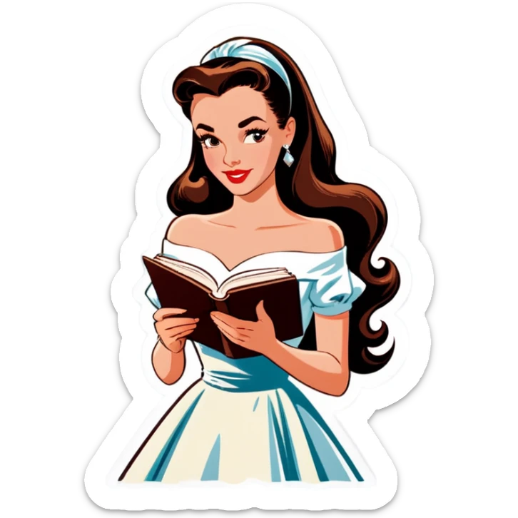 Beautiful woman in 1950’s woman fashion look, off-shoulder white dress, long dark brown hair, reading  sticker