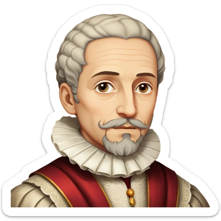 Cinematic Realistic Miguel de Cervantes Portrait Emoji, depicted as a wise thoughtful literary figure in period attire with a reflective gaze, rendered with detailed textures and soft historical lighting that captures his enduring literary legacy. sticker