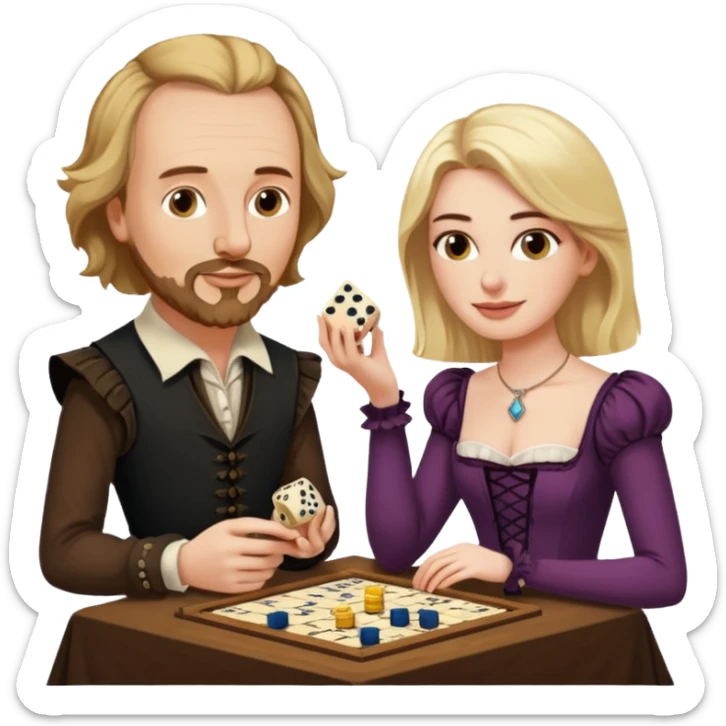 Can you make an emoji of William Shakespeare and Anne Hathaway (his wife-1582) playing Yahtzee. She needs to be blonde!  sticker