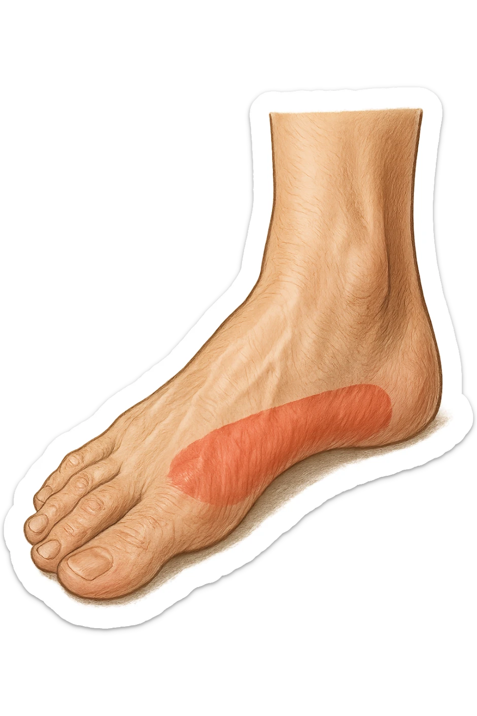 spazio dall'avampiede al tallone umano sottolineato in rosso, fai l'arto umano anatomico realistico con evidenza su quel tratto sticker