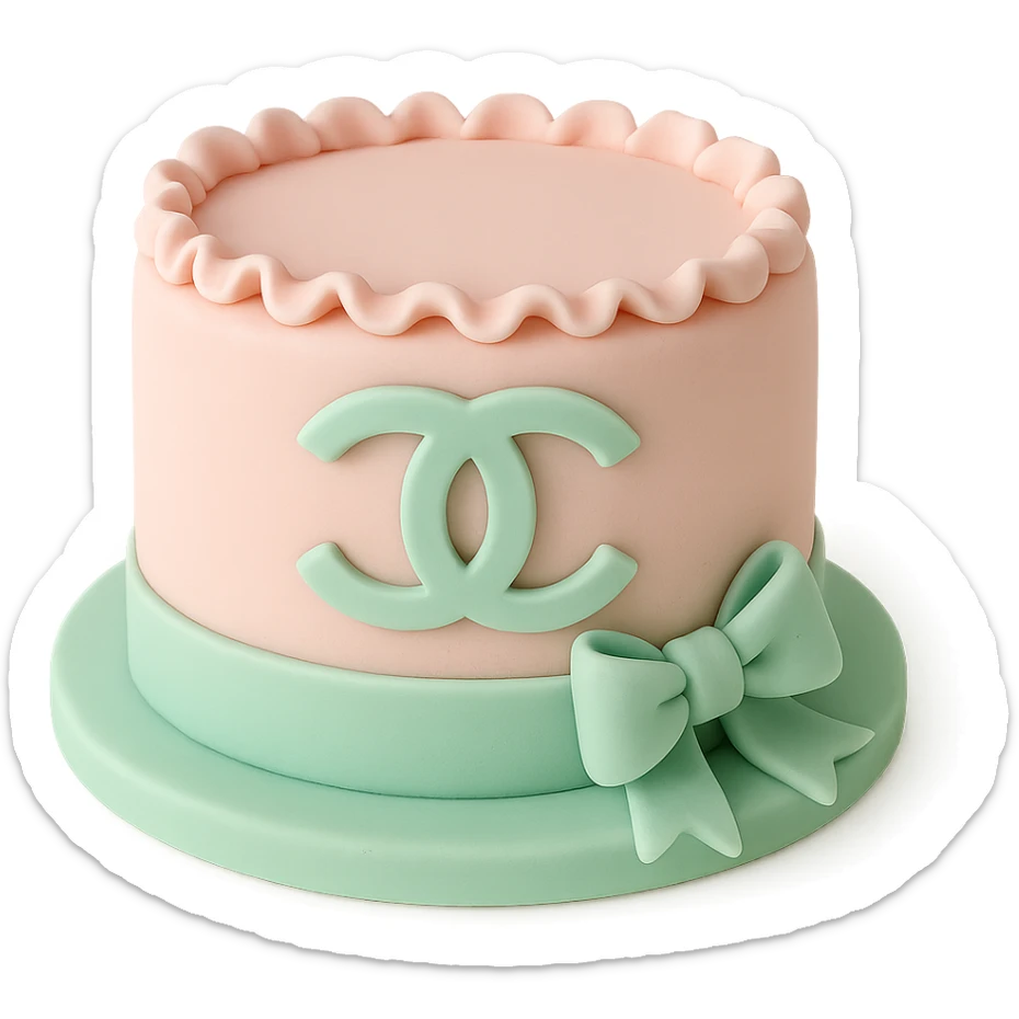 Chanel logo cake in pastel pink and mint green, elegant and delicate, fondant cake art style sticker