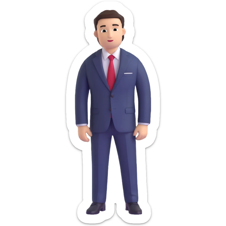 man wearing a dark blue-gray business suit with a white shirt and a red tie sticker