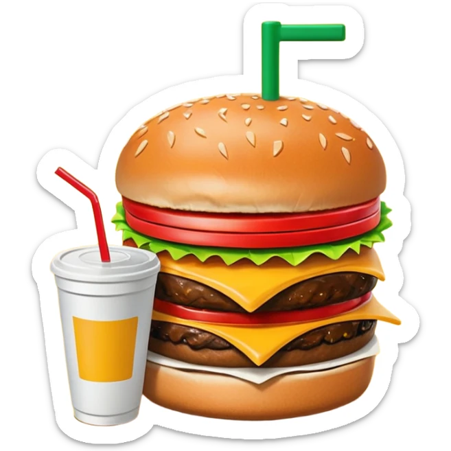 A clean and simple icon of fast food in emoji-style illustration. A burger with fries and a soda cup, bright and bold colors, simple shapes, flat design, high contrast, inviting and appetizing. sticker
