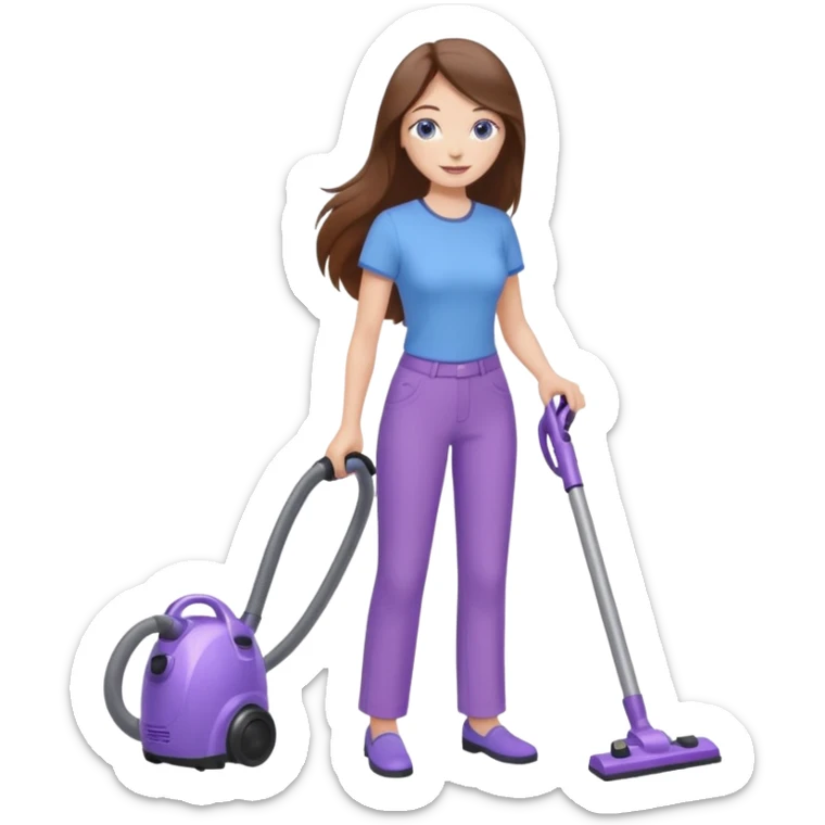 beautiful girl with long brown hair, blue eyes and wearing light purple clothes, cleaning and vacuuming sticker