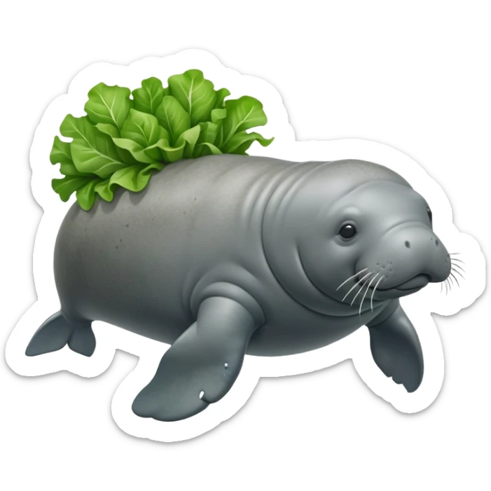 Cinematic realistic full body side view of a manatee holding a head of lettuce  sticker