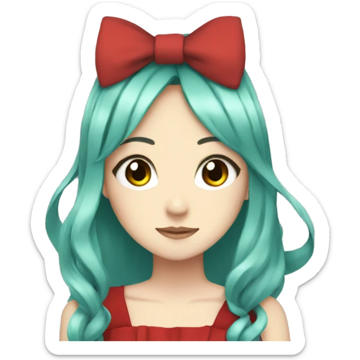 anime, girl, long teal hair, red eyes, black bow on her head, red dress sticker