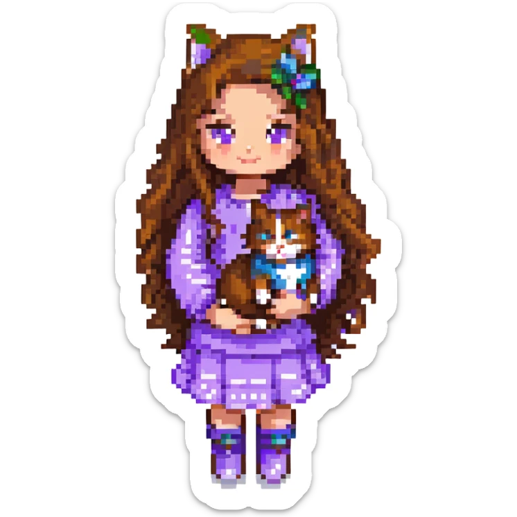Add a sunset background to the scene with a girl with long, wavy brown hair, brown eyes, purple clothes, and a three-color cat in pixel art style. sticker