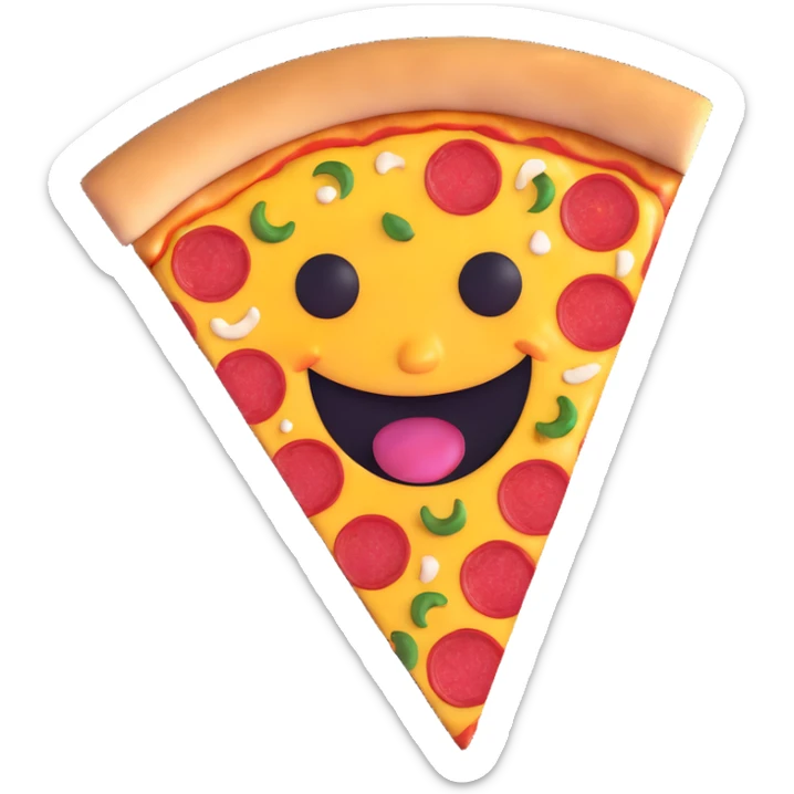 happy face taking a bite out of a juicy pizza, clear bite mark, bright colors, glossy finish, cheerful and playful sticker