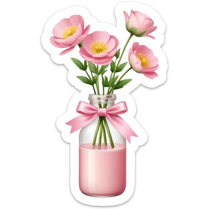 aesthetic bow in Cream Pink , Sugar Pink color glass bottle and in it a beautiful bouquet of Satin Pink Chinese buttercup  sticker