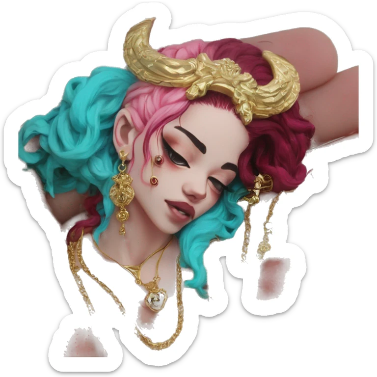 Vintage painting swirls gold jewellery baroque raven wings angel tropical Deep pink maroon burgundy cyan dark hoodie man vitiligo dyed hair gold piercings nose piercing ear piercings sticker