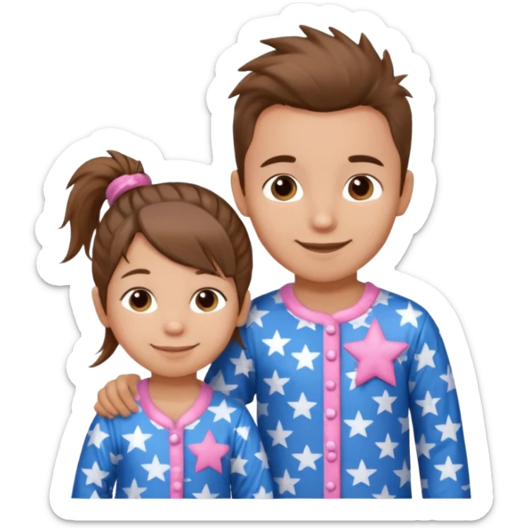 4 year old brown spikey haired boy with blue pajamas with stars on them and a 1 year old brown haired pony tail girl with pink pajamas, and stars on them with light skin. Top left on, can you make them smile more with lighter skin sticker