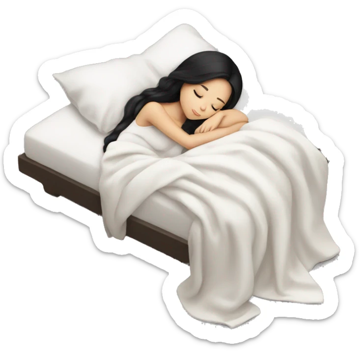 asian cute girl with long beauty black hair sleeping with white blanket and pillow sticker