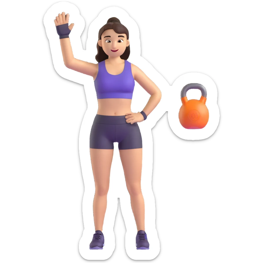 sport girl with kettlebell in one hand and waving hello with the other sticker