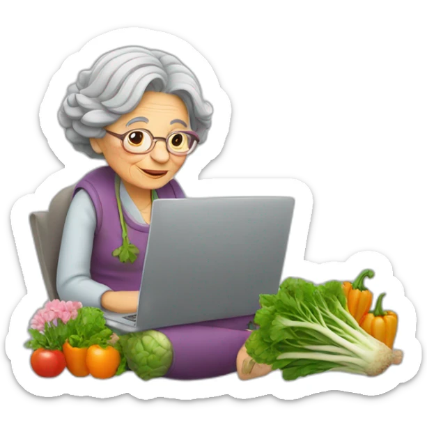 Old woman with flowers in Hair sitting with a Grey laptop and a vegetable sticker