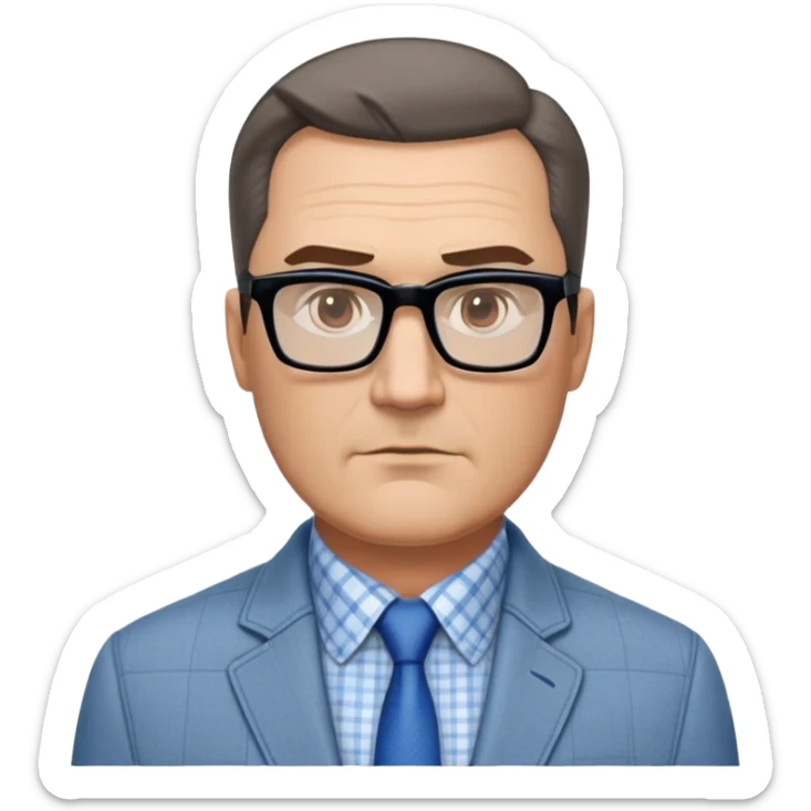 50-year-old heavyset man with very wide face and prominent square jawline. Short straight hair combed to the side, not balding. Large dark square glasses. Serious-relaxed expression. Light gray jacket that fits his larger frame, white shirt with blue checkered pattern. sticker