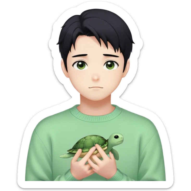 Gorgeous pastel green sweater black hair anime style shojo guy with blushing face and, turtle, aesthetic, trending style outside  sticker