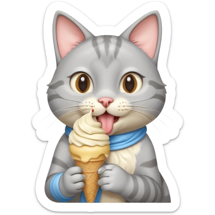 cute gray cat portrait, head and shoulders only, licking an ice cream cone, funny happy expression, 3D cartoon, mobile game icon style, clean background, no text, no watermark
 sticker