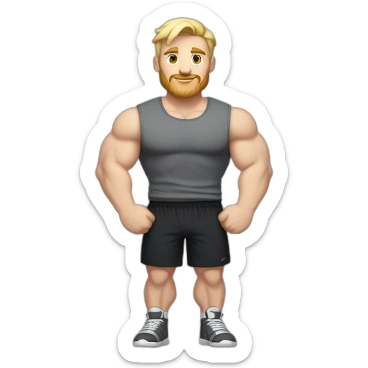 Full height Pale skinned fit man With the biceps and blonde hair In dark gray sleeveless mike, black oversize sports shorts, watch and white sneakers. his arms crossed over his chest sticker