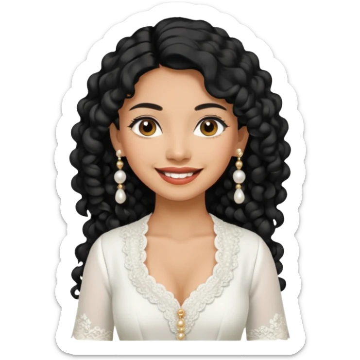 tan skin women, with black long Curly hair, wear white kebaya , and pearl earring sticker