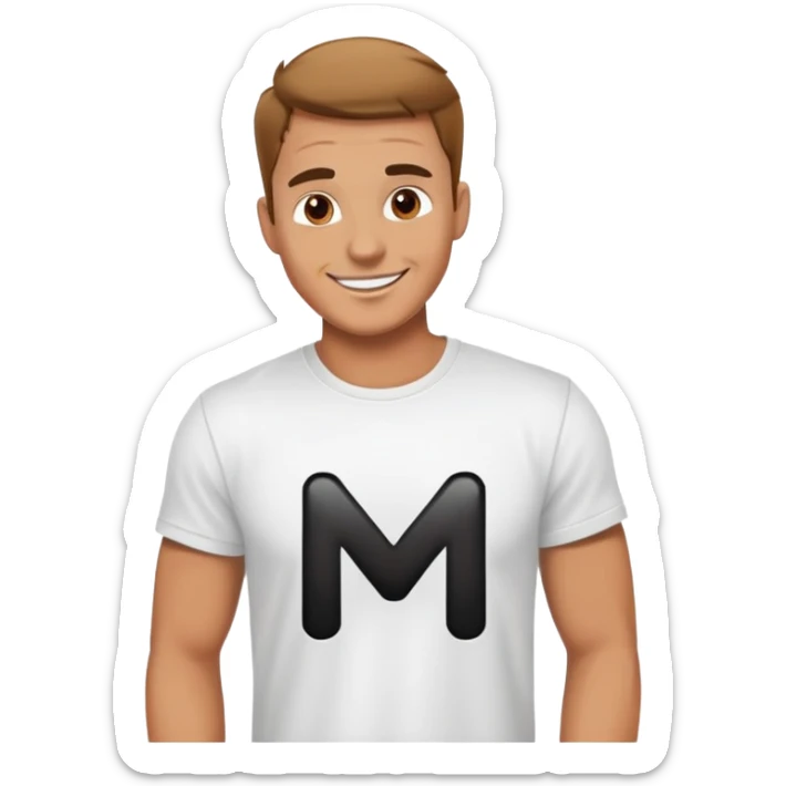 A happy man wearing a white t-shirt with a big black M on the t-shirt  sticker