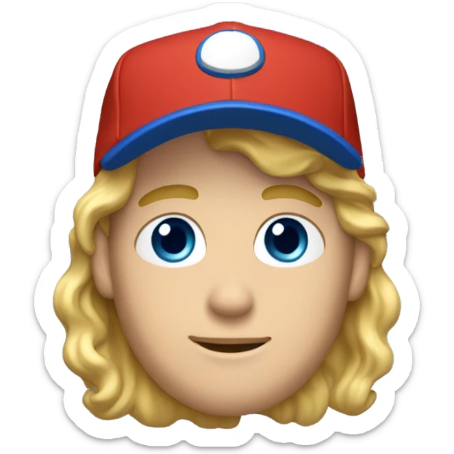blonde wavy hair man with blue eyes and red t-shirt and sideways baseball cap sticker