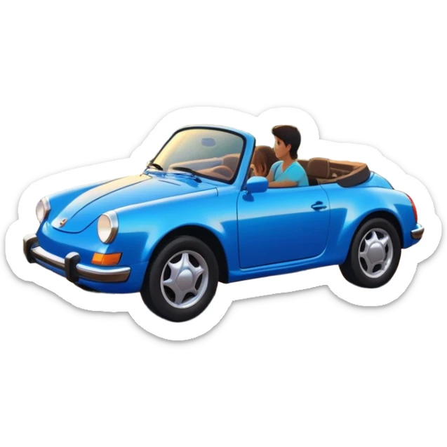 A parked blue car sits quietly on the side of an open road, facing a breathtaking sunset. Two people stand outside, backs turned, watching the horizon. The road stretches endlessly ahead, surrounded by a peaceful, glowing landscape full of light, warmth, and possibilit sticker