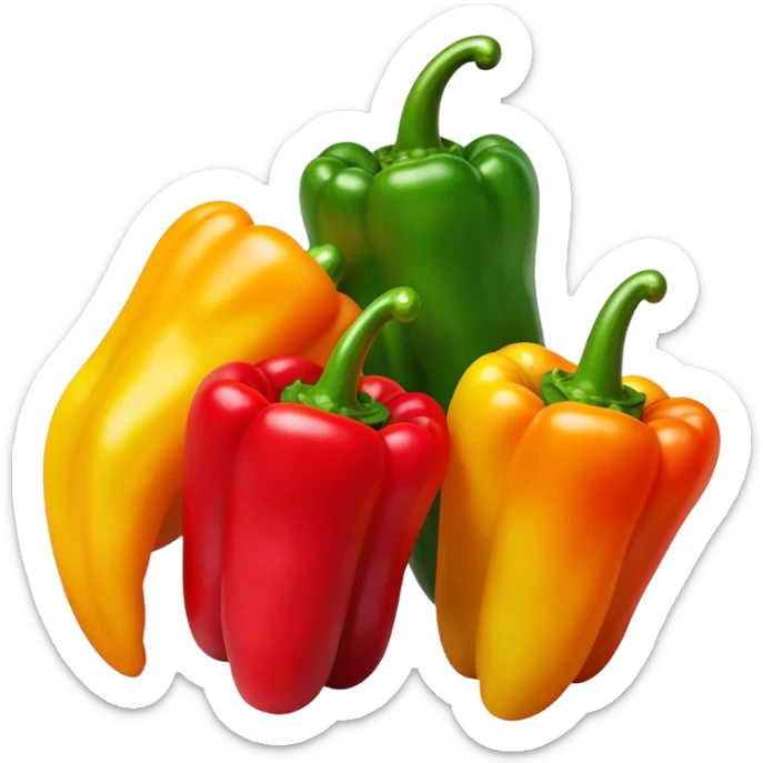 Cinematic bright colorful peppers, glossy and fresh, arranged in a vibrant mix of red, yellow, and green, warm glowing background, fresh and lively. sticker