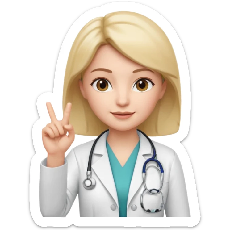 3D memoji style female doctor, white medical coat, stethoscope, raising index finger up like giving important advice, confident facial expression, slight smile, centered, transparent background, sticker