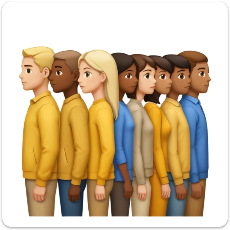 A line of people standing in profile, one behind the other, yellow background sticker