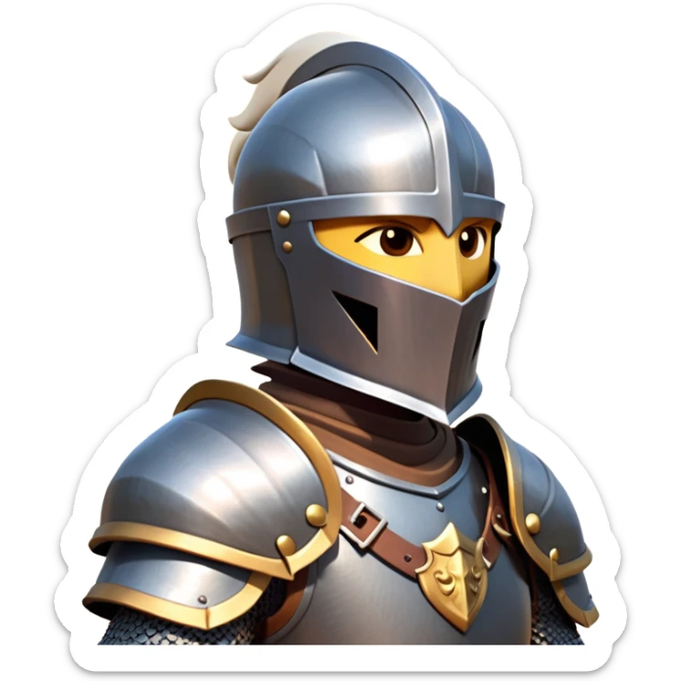 clash-of-clans-aesthetic_-cinematic-fearsome-and-majestic-knight-bust-portrait-emoji, rendered in a flat, vector-style with minimal shading and bold, simplified shapes, depicting a battle-ready medieval knight with steely eyes and intricate armor, mounted on a warhorse reflecting sunlight over a misty battlefield. sticker