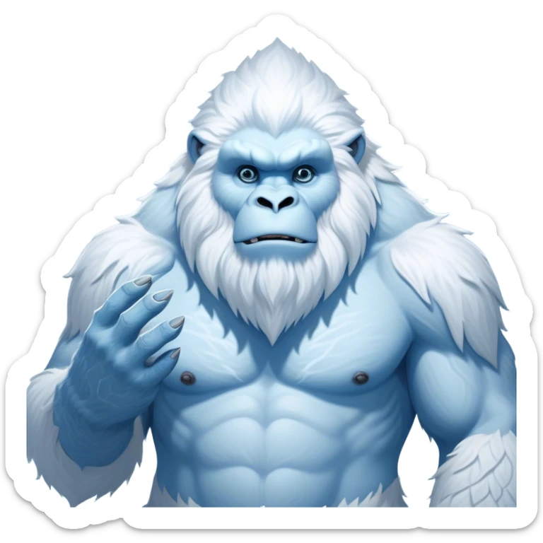 Cinematic Noble Yeti Portrait Emoji, Grand and enigmatic, with a towering, snow-dusted figure in pristine whites and cool blues, exuding ancient, mystical wisdom and stoic majesty, simplified yet exquisitely detailed with frosty textures, glowing with a gentle, icy outline that captures the awe-inspiring presence of a guardian of the frozen wilds! sticker