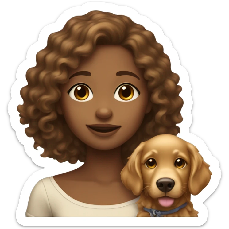 Tan skinned girl with  brown curly hair with a golden retriever puppy sticker