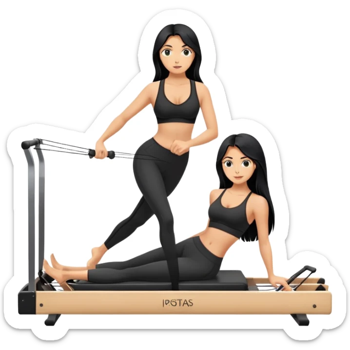 woman with bra, tanned long black hair, doing Pilates reformer sticker