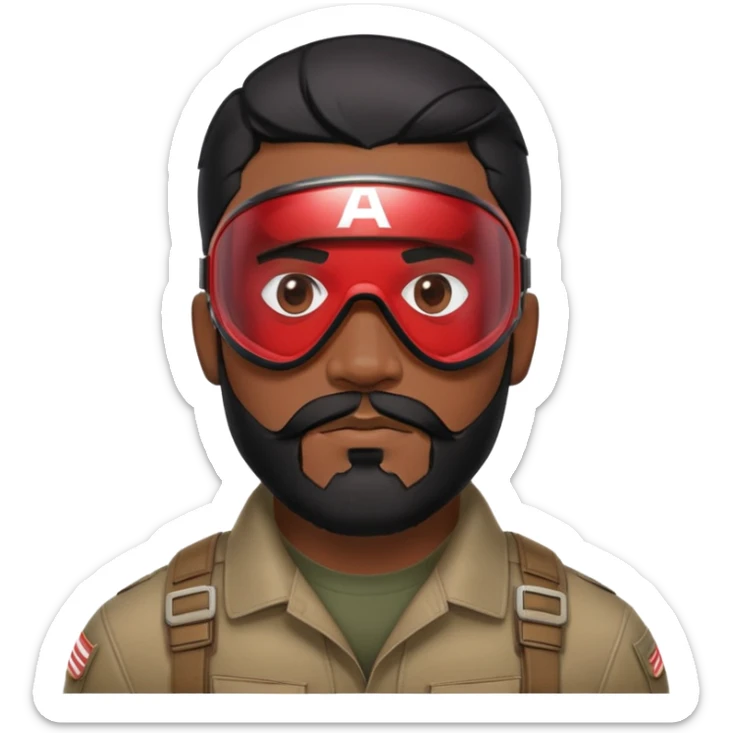 sam wilson with a close to the scalp black hair  and  a well-groomed beard that connects to his mustache,  wear sleek, red-tinted tactical goggles fit snugly from captain america: civil war sticker