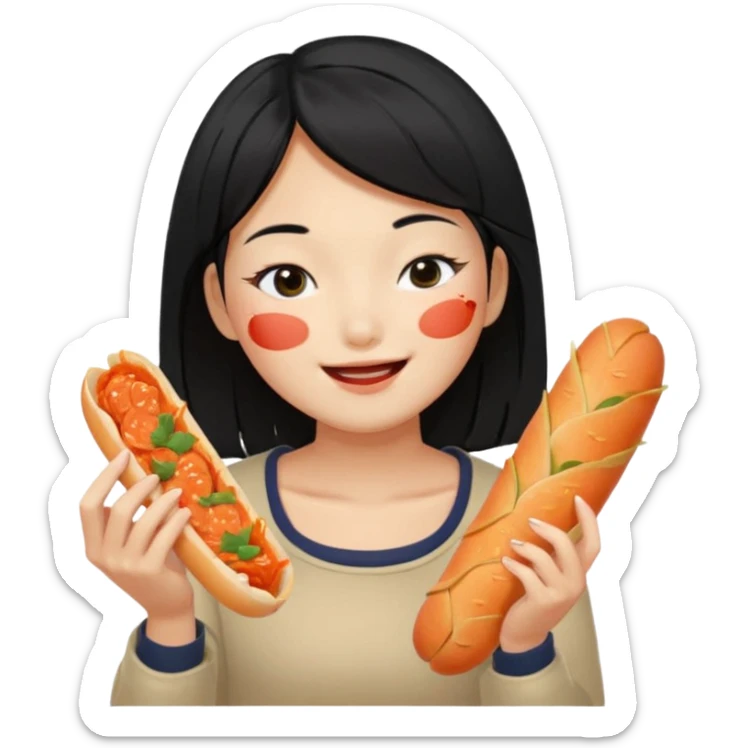 Girl black long hair eat kimchi close eyes baguette sticker