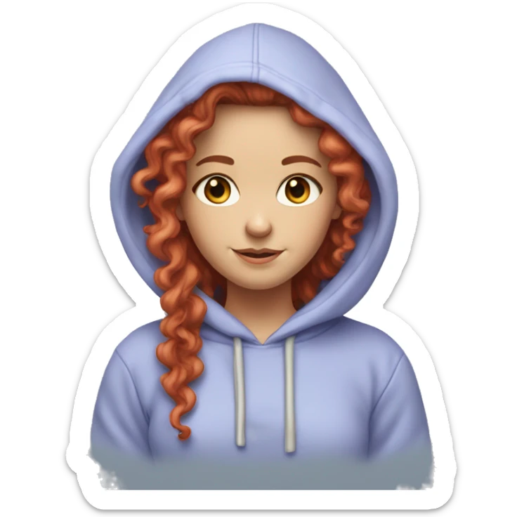 white girl with long red curly hair, wearing a pastel periwinkle hoodie doing a pose sticker