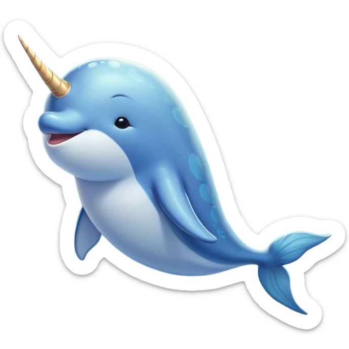 Beautiful and Majestic Cute Narwhal Portrait Emoji, Head and body rendered in serene repose with a gentle, radiant smile, showcasing a streamlined, graceful form adorned with a luminous spiraled tusk and peacefully closed eyes, Simplified yet exquisitely endearing features, highly detailed, glowing with a soft, majestic ocean light, high shine, serene and utterly enchanting, stylized with an air of magical marine splendor, soft glowing outline, capturing the essence of a beautiful and majestic cute narwhal that embodies the quiet wonder of the deep blue! sticker
