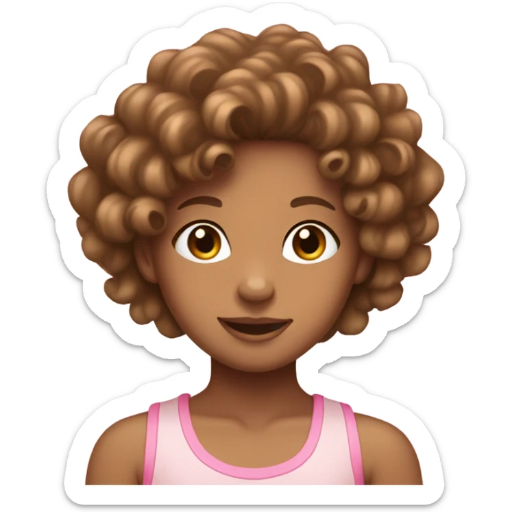 Tan girl with a pink bow and curly brown hair wearing a light pink tank top sticker
