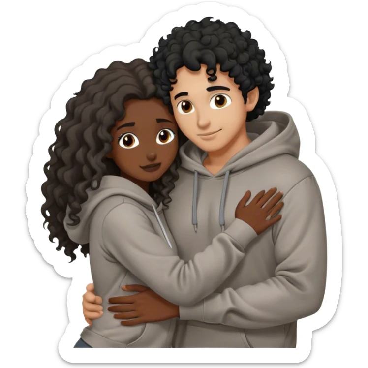 tan-skinned man with curly black hair wearing a brown hoodie and a long-haired black-skinned woman wearing a gray hoodie are hugging. sticker