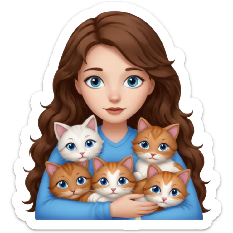 girl with long wavy brown hair, blue eyes, long lashes makeup, cuddling with 6 cats sticker