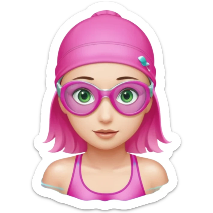 pretty girl with green eyes pink swim cap holographic swimming glasses and cute profesional swimmer pink swimsuit without her hair visible swimming sticker