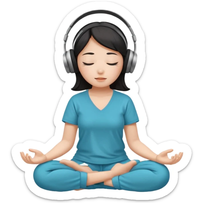 An East Asian woman is sitting cross-legged in a meditation pose, wearing Apple headphones and listening to music. The song is so beautiful that she has her eyes closed and tears streaming down her face. sticker