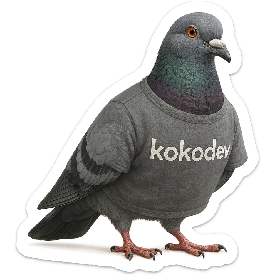 a lifelike pigeon in a t-shirt that says 'kokodev', natural colors, photorealistic style, detailed feathers and fabric sticker