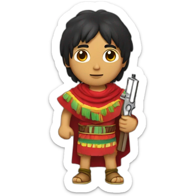 An Inca man, neck-length black hair, wearing a red headband and wearing a red poncho (with yellow, green and red lines) and holding a pistol sticker